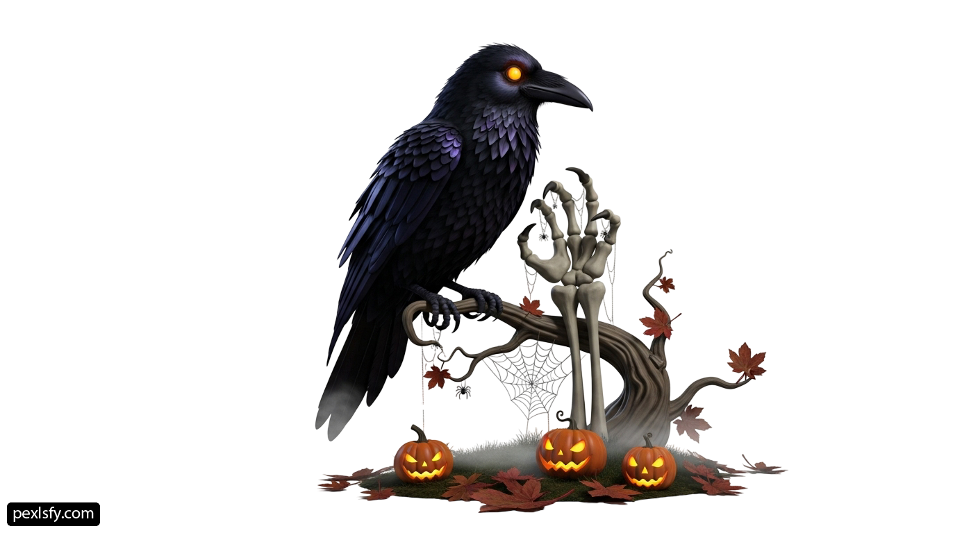 Black bird sitting on top of a tree branch next to a skeleton png transparent background