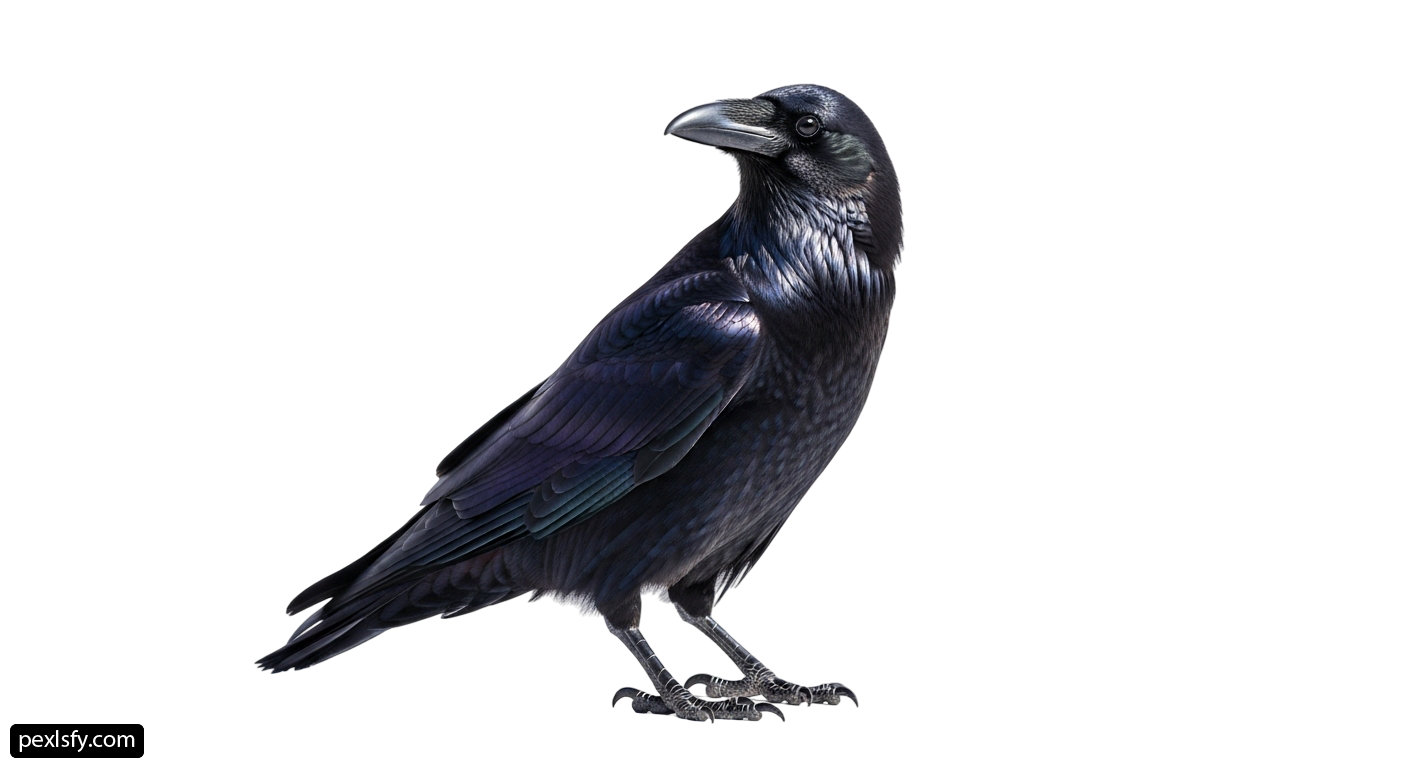 Black bird standing on top of a white surface png transparent background