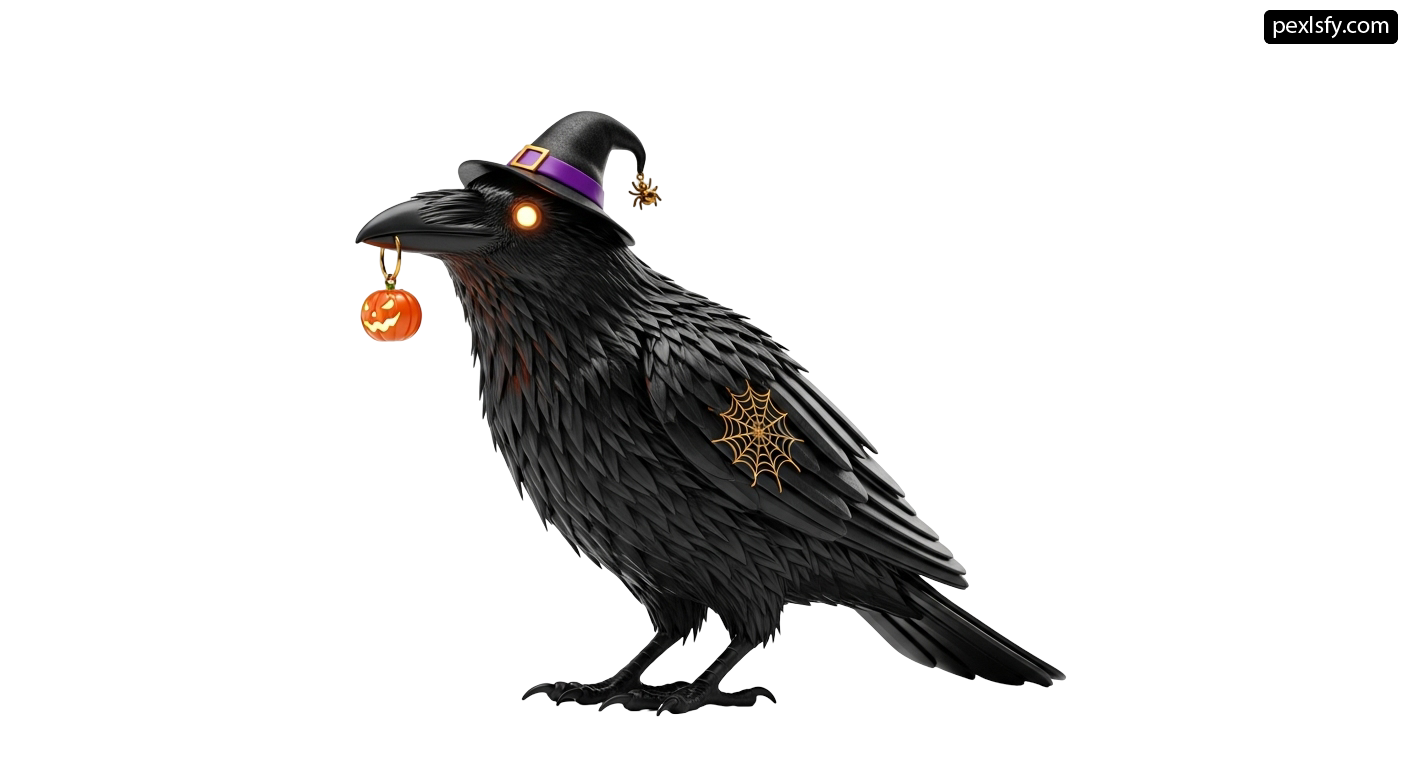 Black bird wearing a witch hat and holding a pumpkin png transparent background