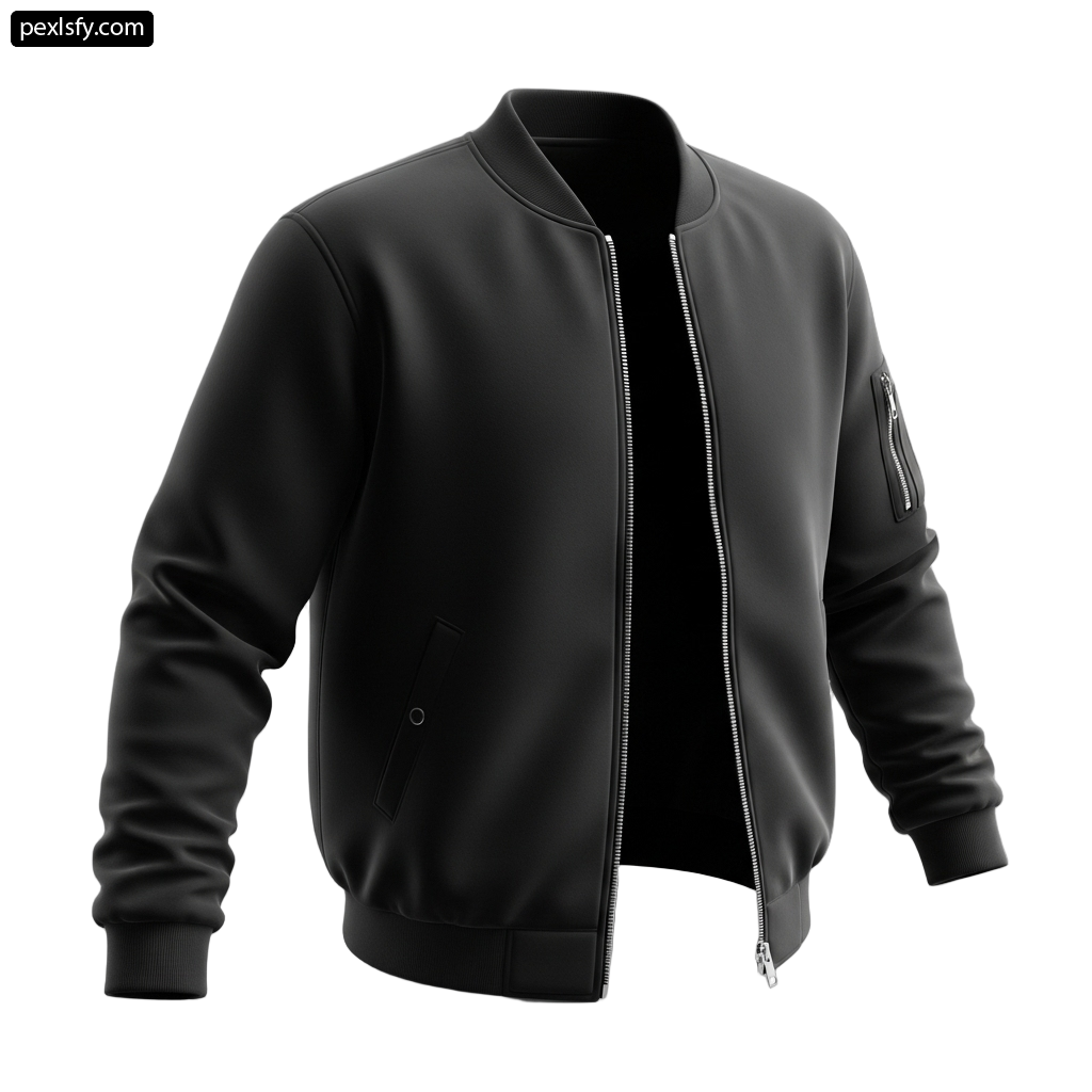 Black bomber jacket with a zipper on the back png transparent background