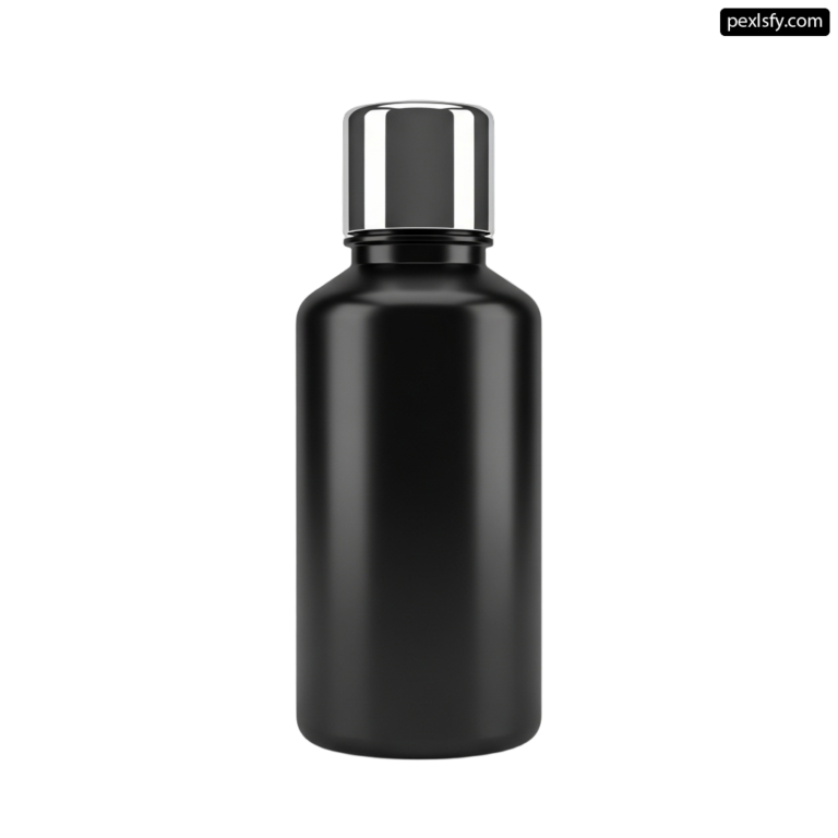 Black bottle with a silver cap on a white background png transparent background