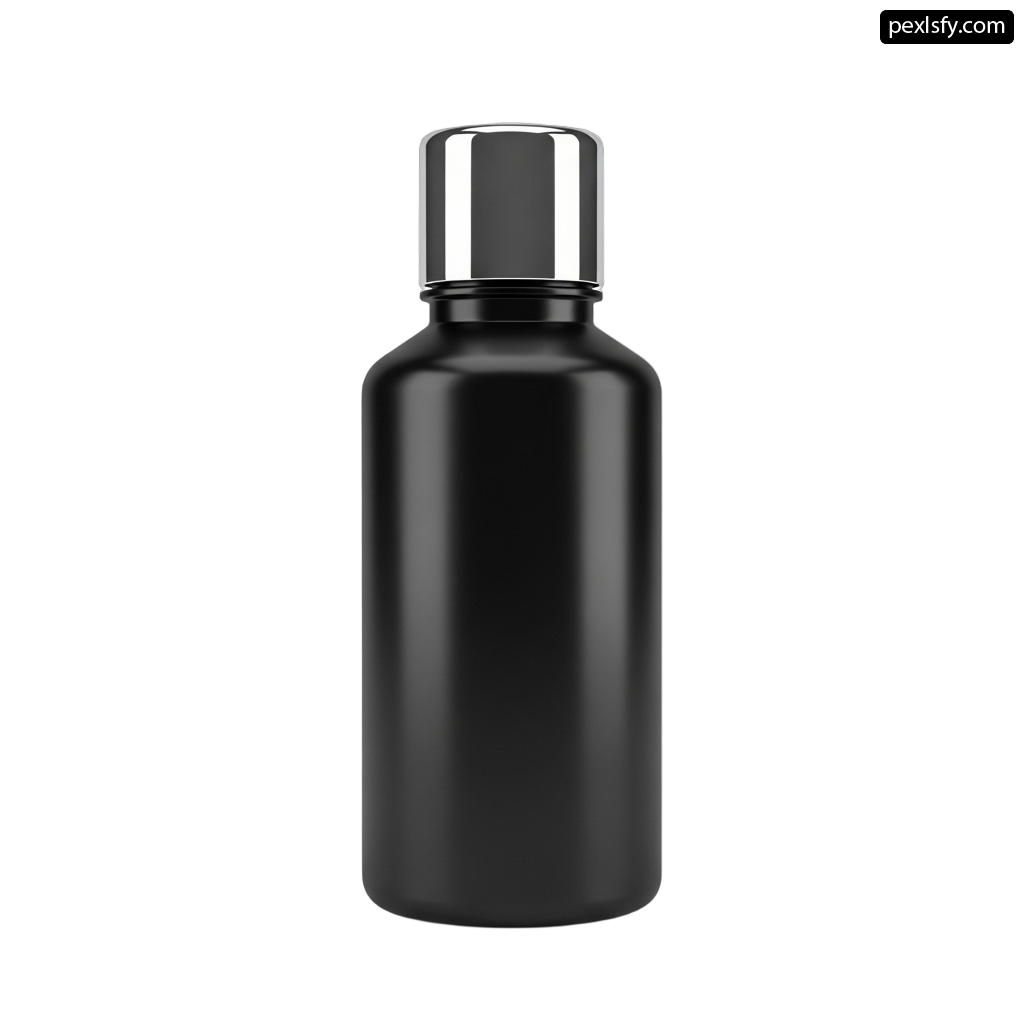 Black bottle with a silver cap on a white background png transparent background