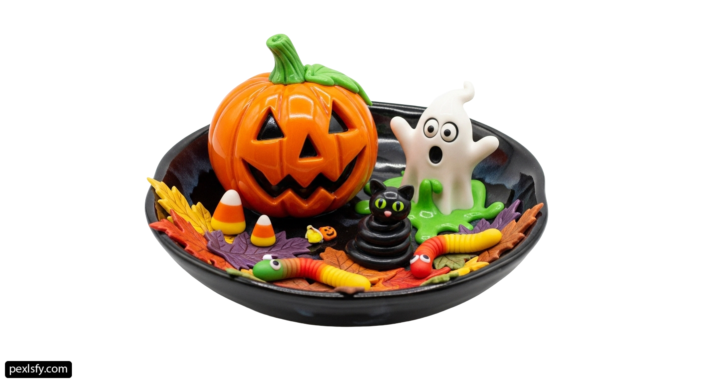 Black bowl filled with halloween decorations on top of a table png transparent background