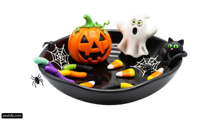 Black bowl filled with halloween decorations on top of a table png transparent background
