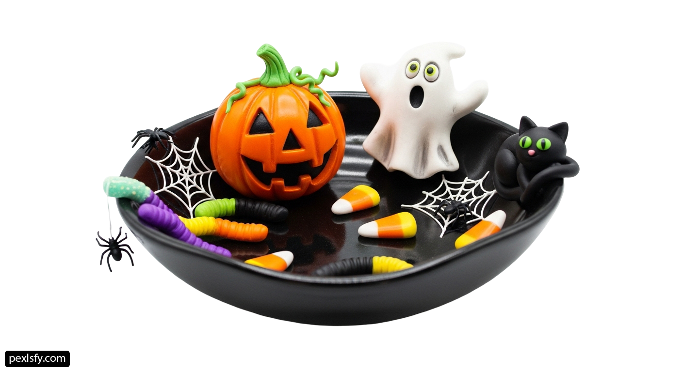 Black bowl filled with halloween decorations on top of a table png transparent background