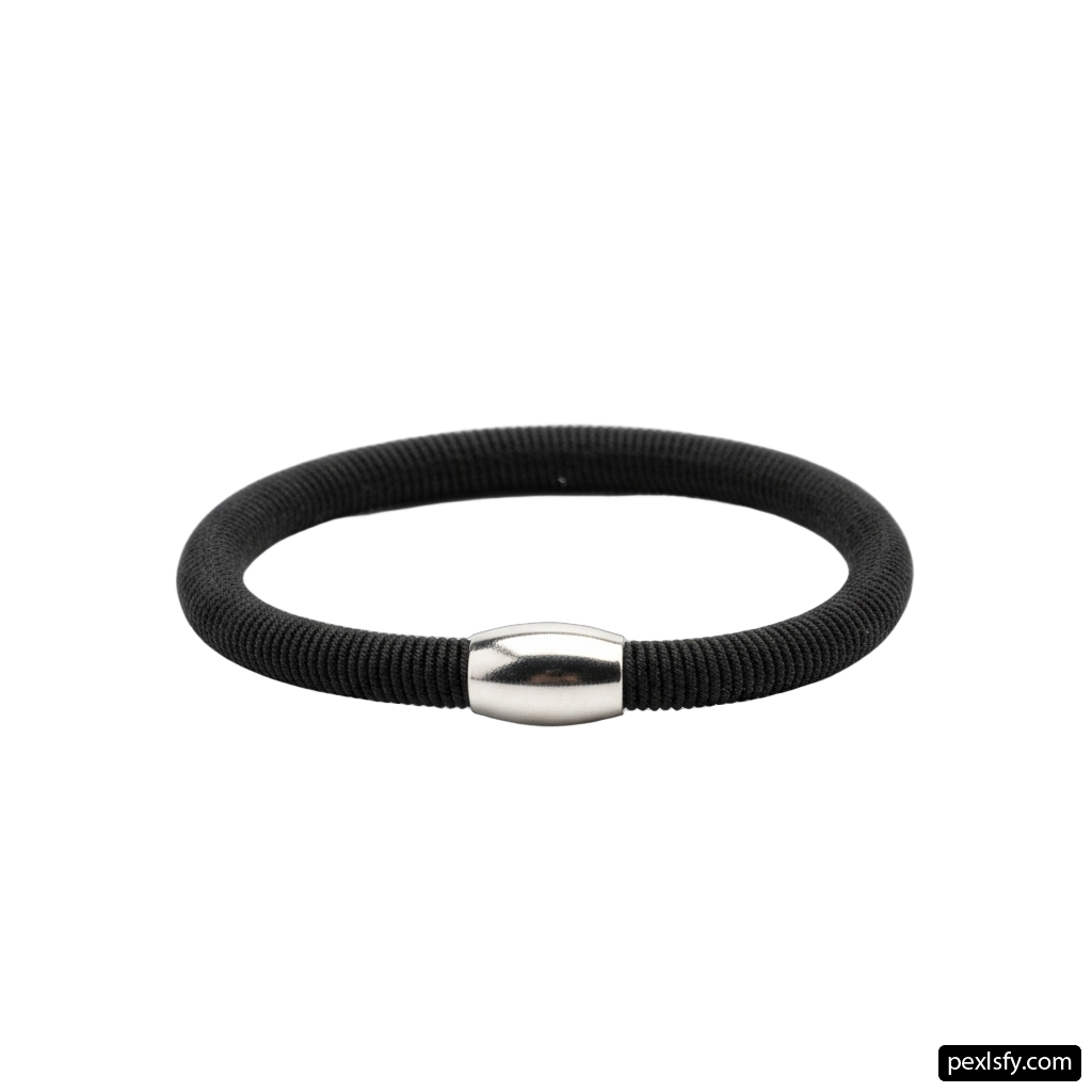 Black bracelet with a silver clasp on a white background png transparent background