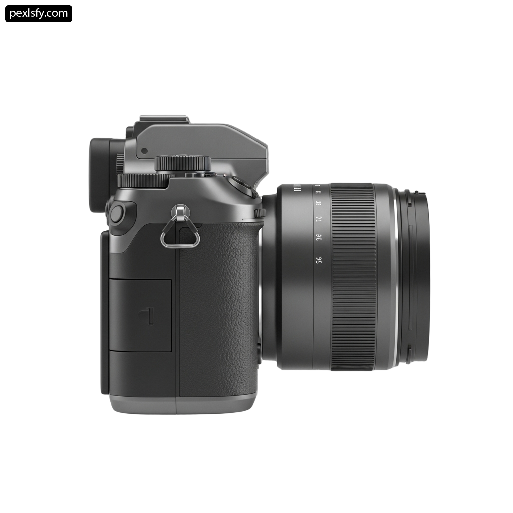 Black camera with a lens attached to it png transparent background