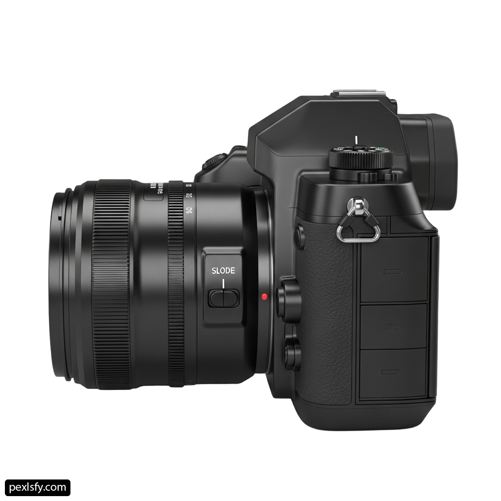 Black camera with a lens attached to it png transparent background