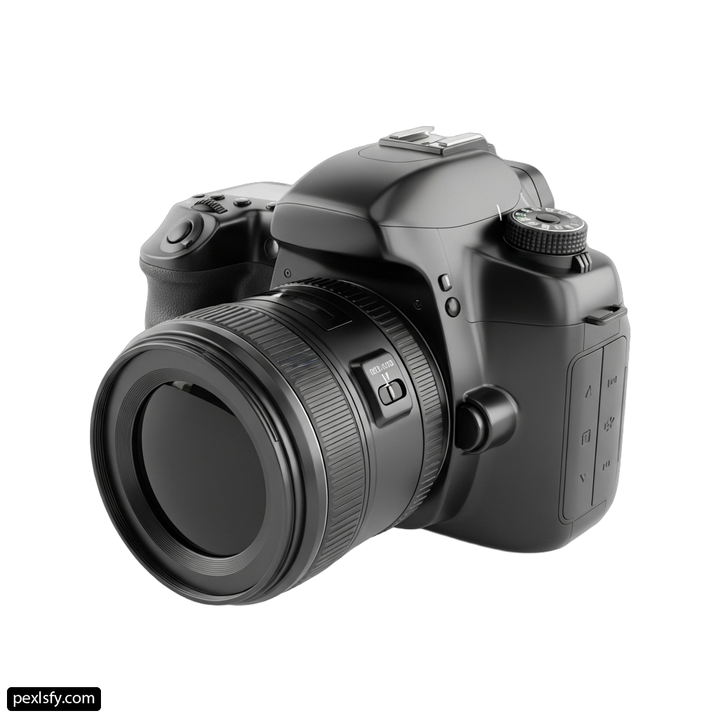 Black camera with a lens on a white background png transparent background