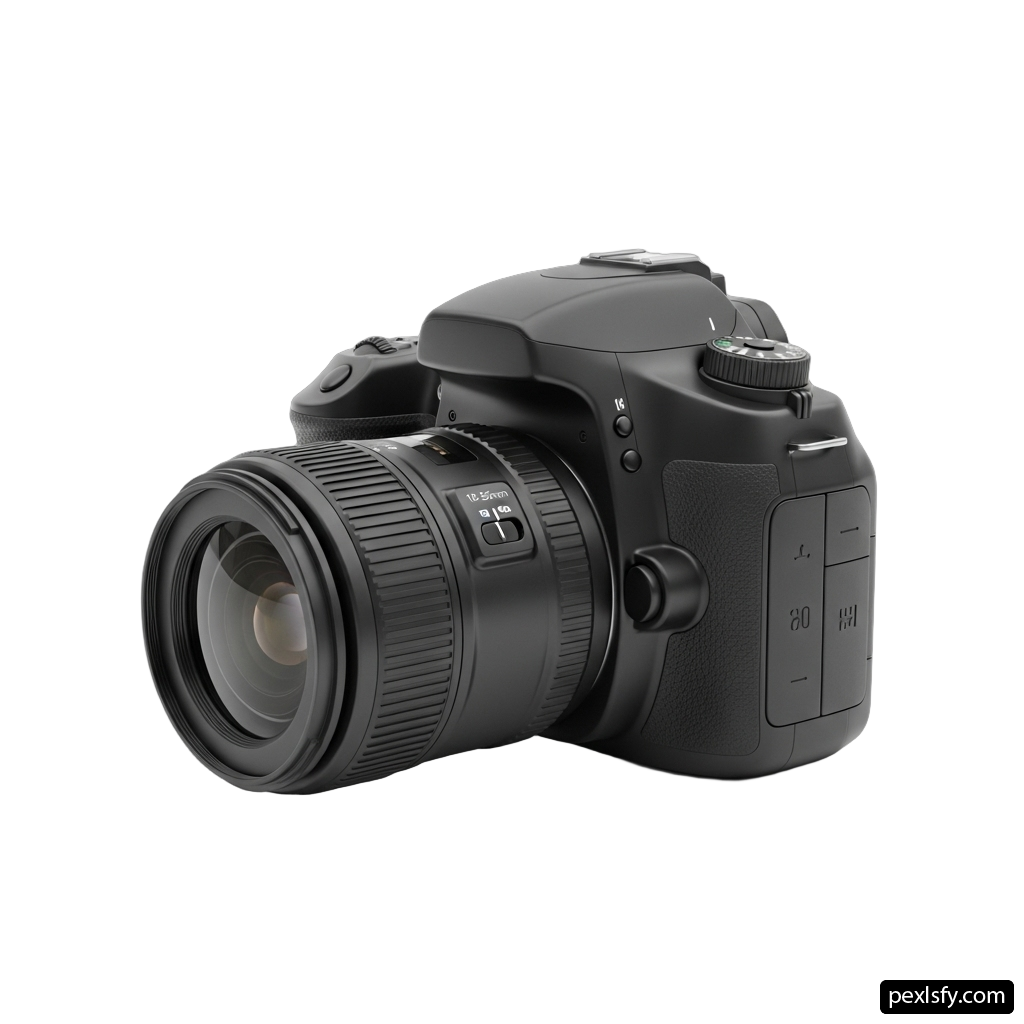Black camera with a lens on a white background png transparent background