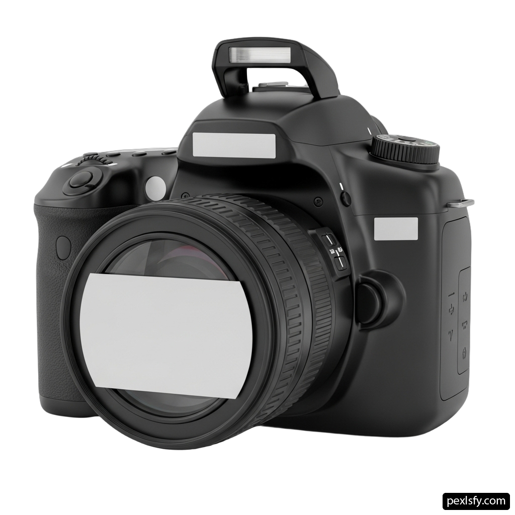 Black camera with a white label on it png transparent background