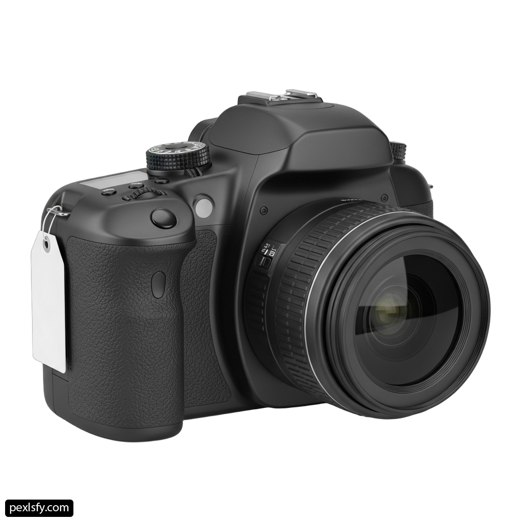 Black camera with a white tag attached to it png transparent background