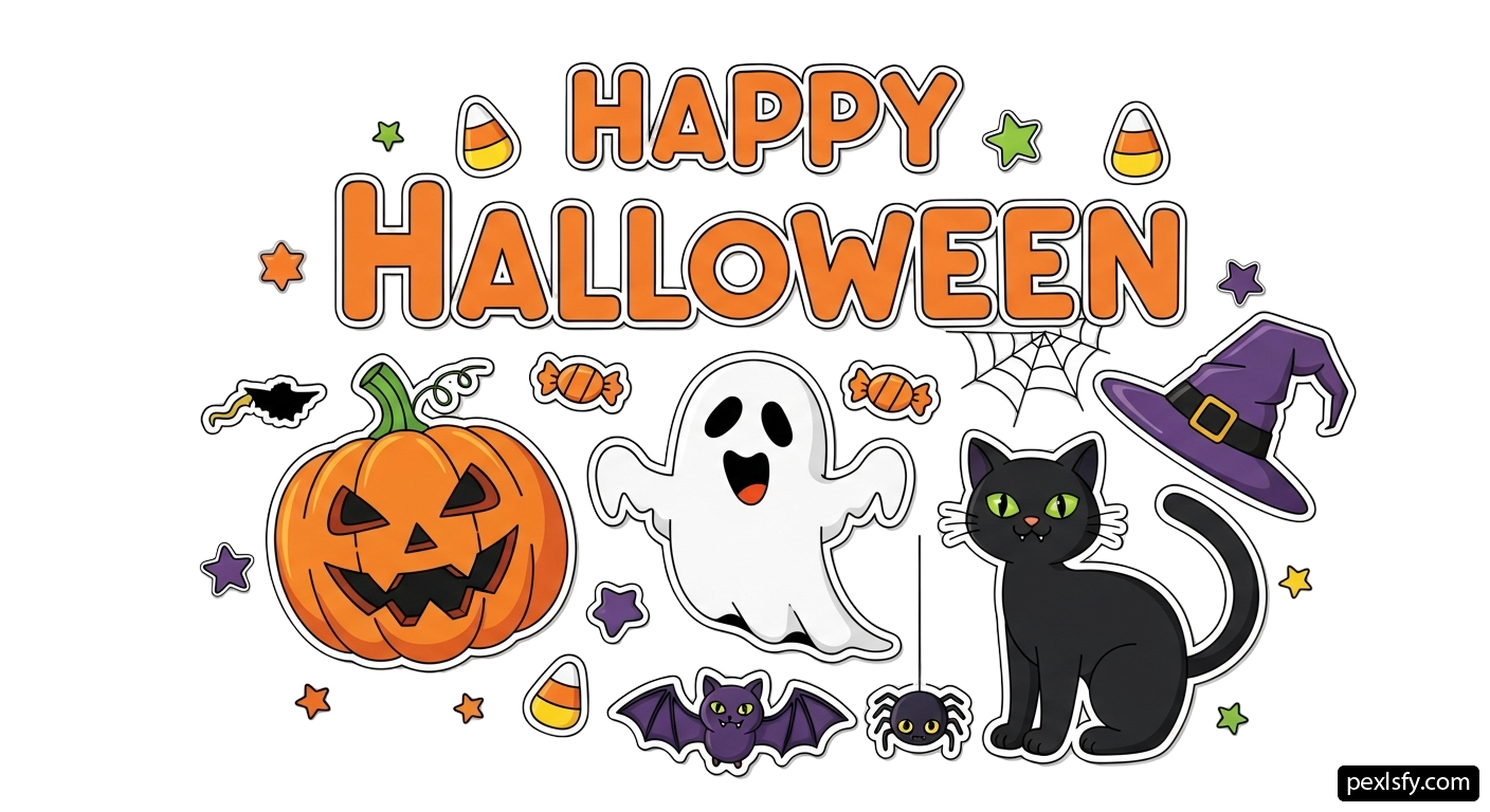 Black cat, a ghost, a pumpkin, a bat, and a witch hat png transparent background