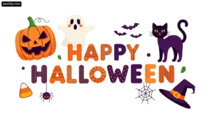 Black cat, a ghost, a pumpkin, a spider, and a witch hat png transparent background