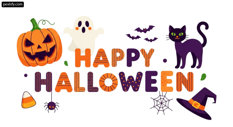 Black cat, a ghost, a pumpkin, a spider, and a witch hat png transparent background