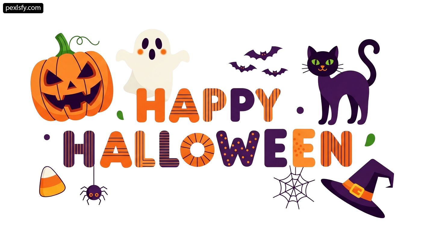 Black cat, a ghost, a pumpkin, a spider, and a witch hat png transparent background