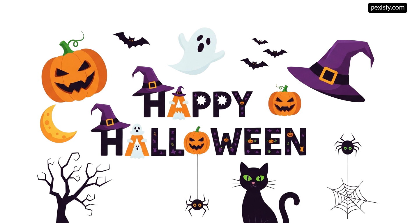 Black cat sitting in front of a happy halloween sign png transparent background
