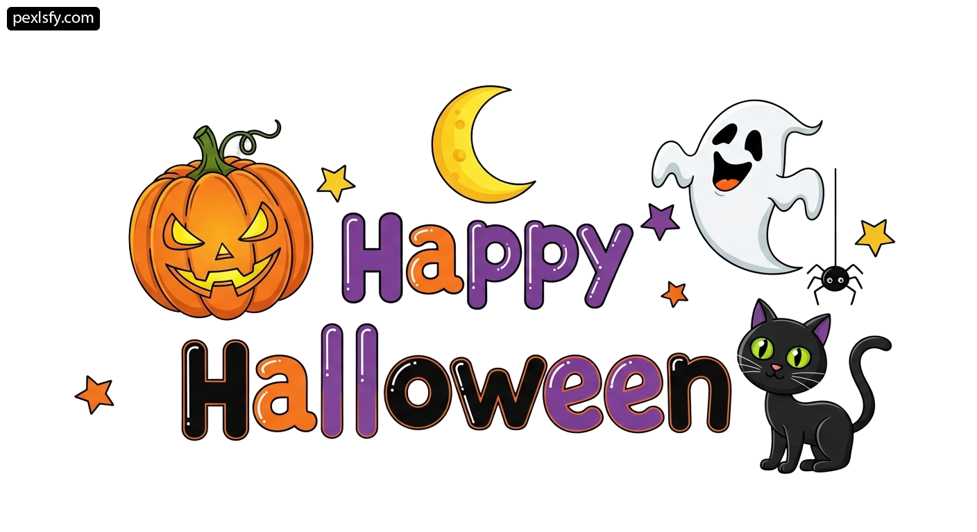Black cat sitting next to a pumpkin and a ghost png transparent background