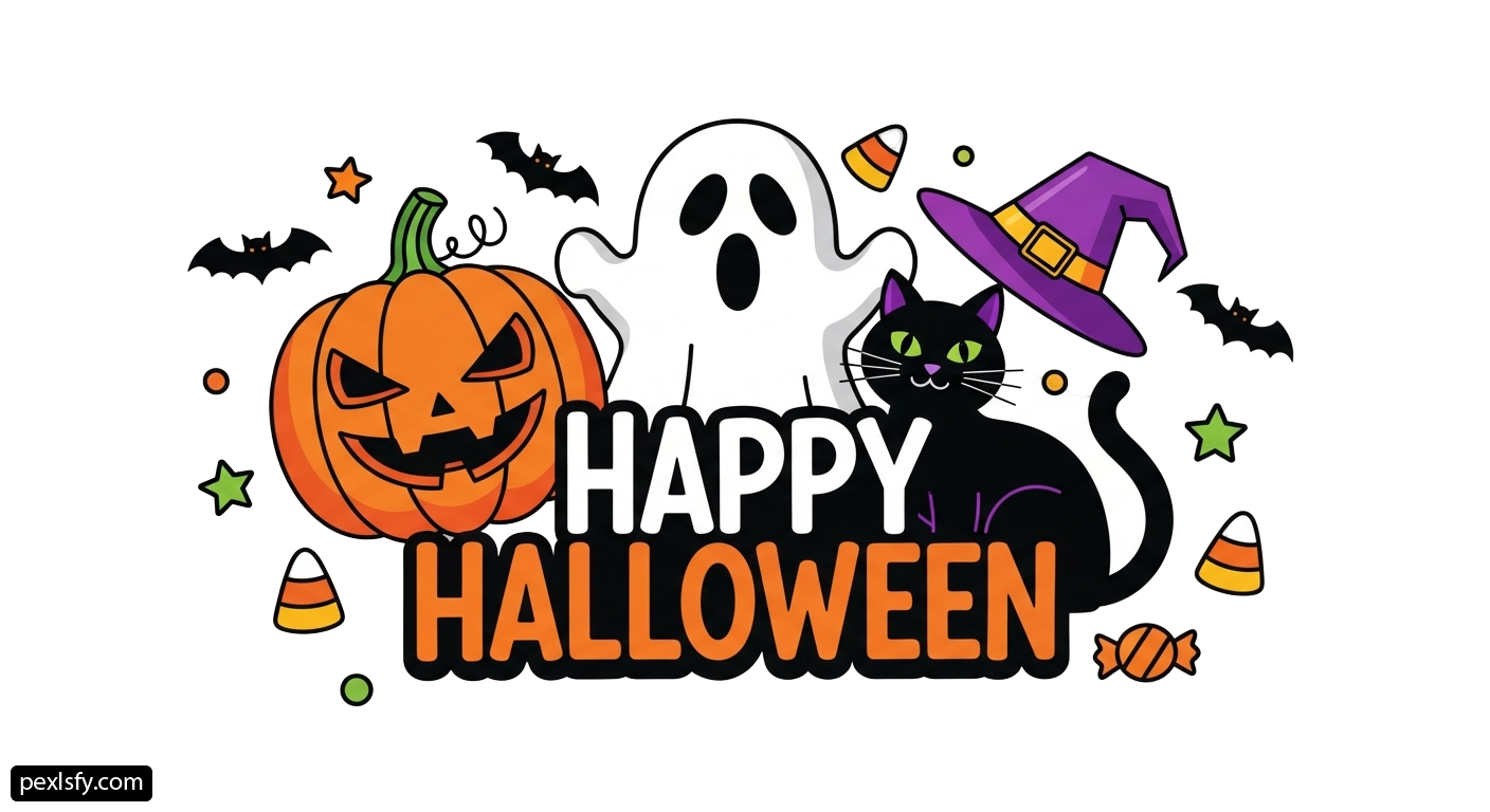 Black cat sitting next to a pumpkin and a ghost png transparent background