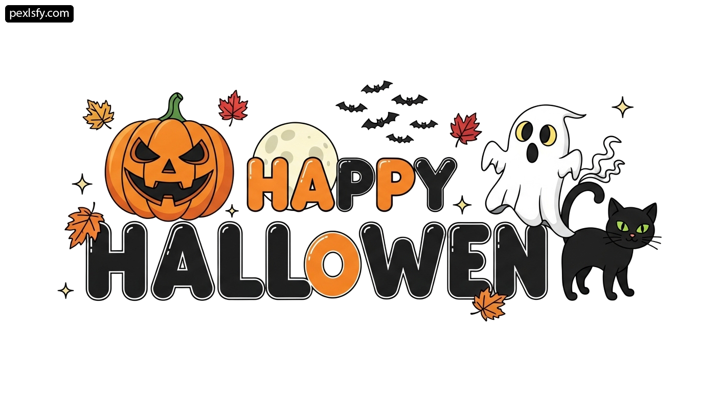 Black cat sitting next to a pumpkin and a ghost png transparent background