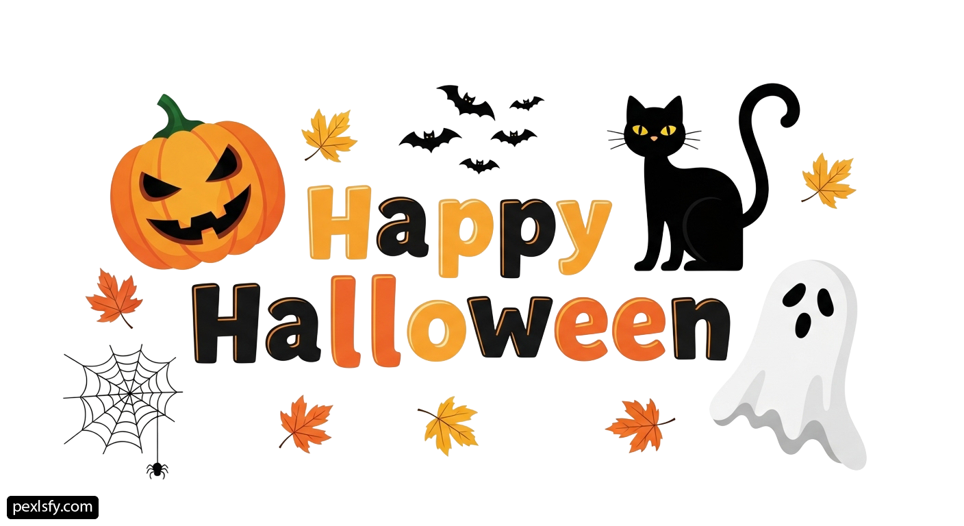 Black cat sitting next to a pumpkin and a ghost png transparent background