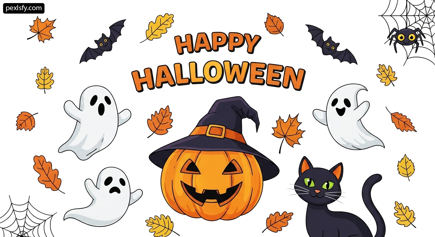 Black cat sitting next to a halloween pumpkin surrounded by ghosts and bats png transparent background