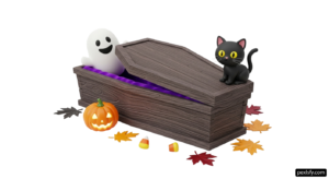 Black cat sitting on top of a wooden chest next to a ghost png transparent background