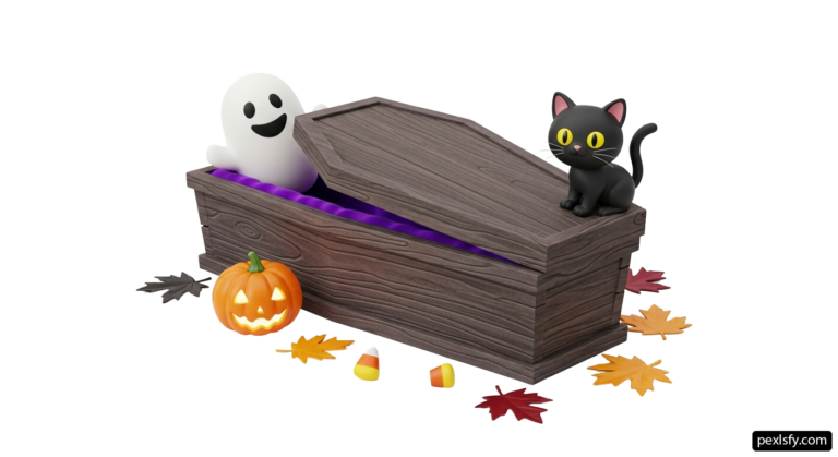 Black cat sitting on top of a wooden chest next to a ghost png transparent background