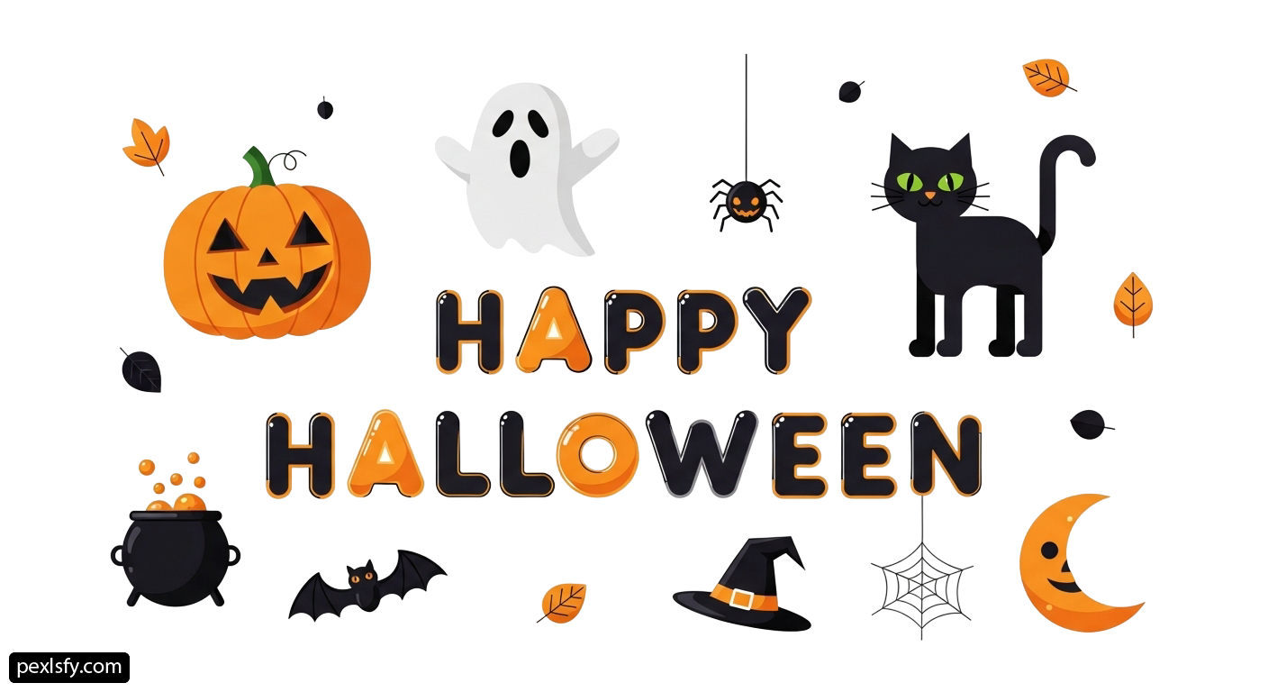 Black cat sitting on top of a pile of halloween decorations png transparent background