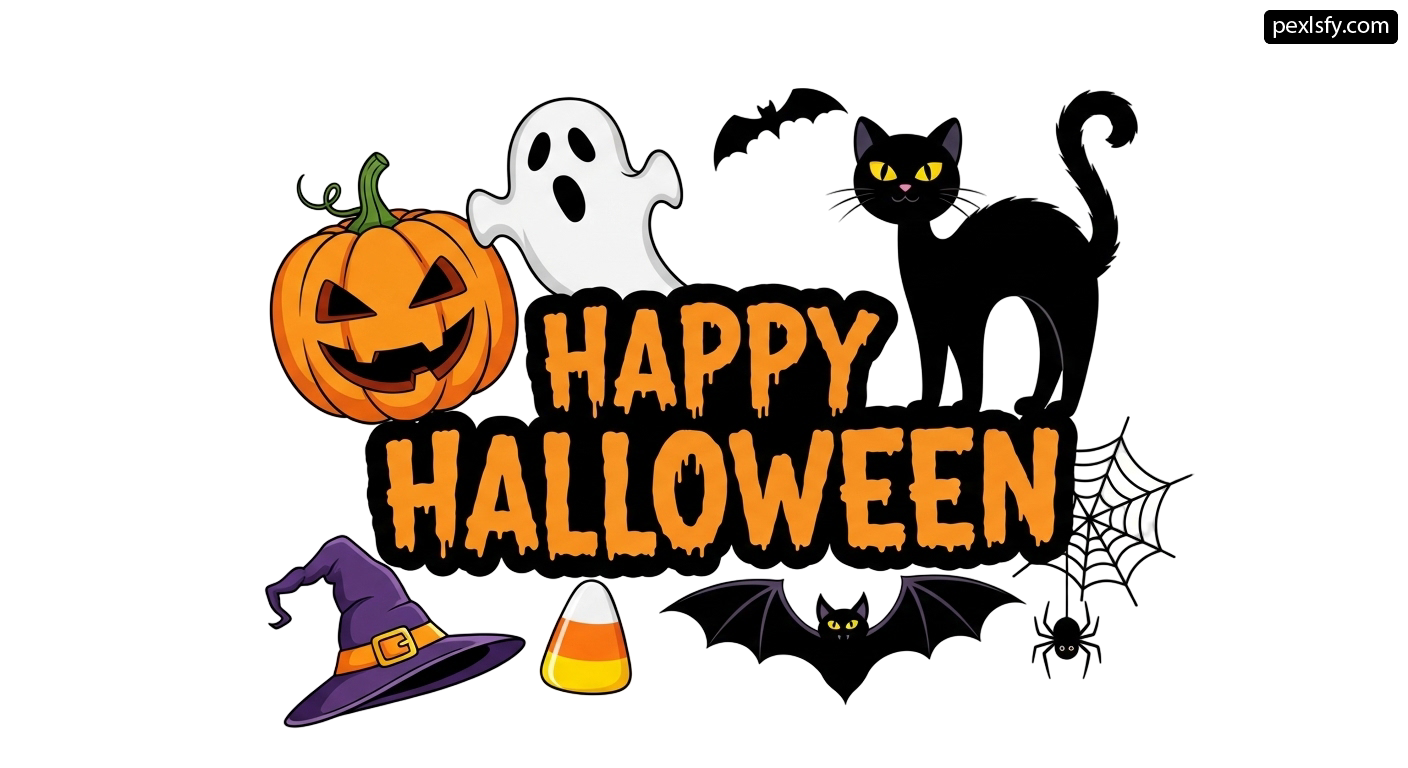 Black cat sitting on top of a pile of halloween decorations png transparent background