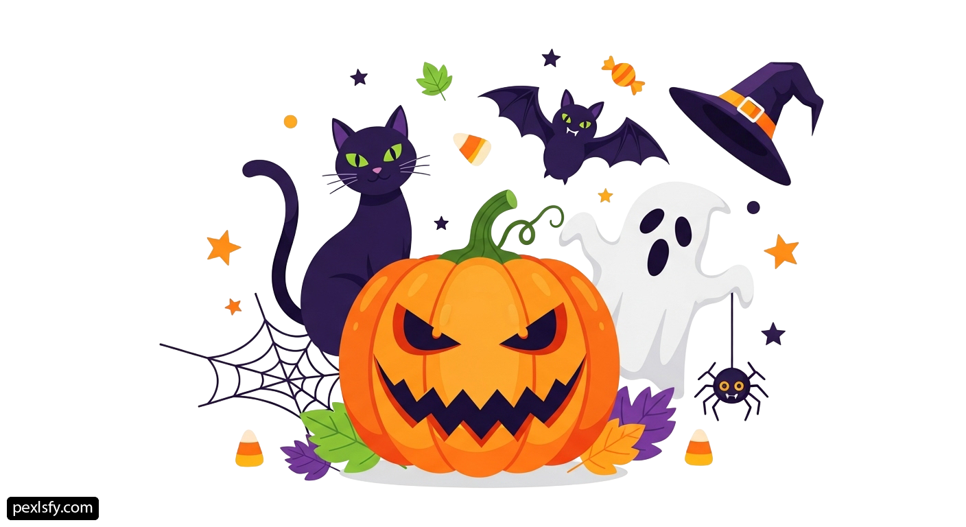 Black cat sitting on top of a pumpkin next to a ghost png transparent background