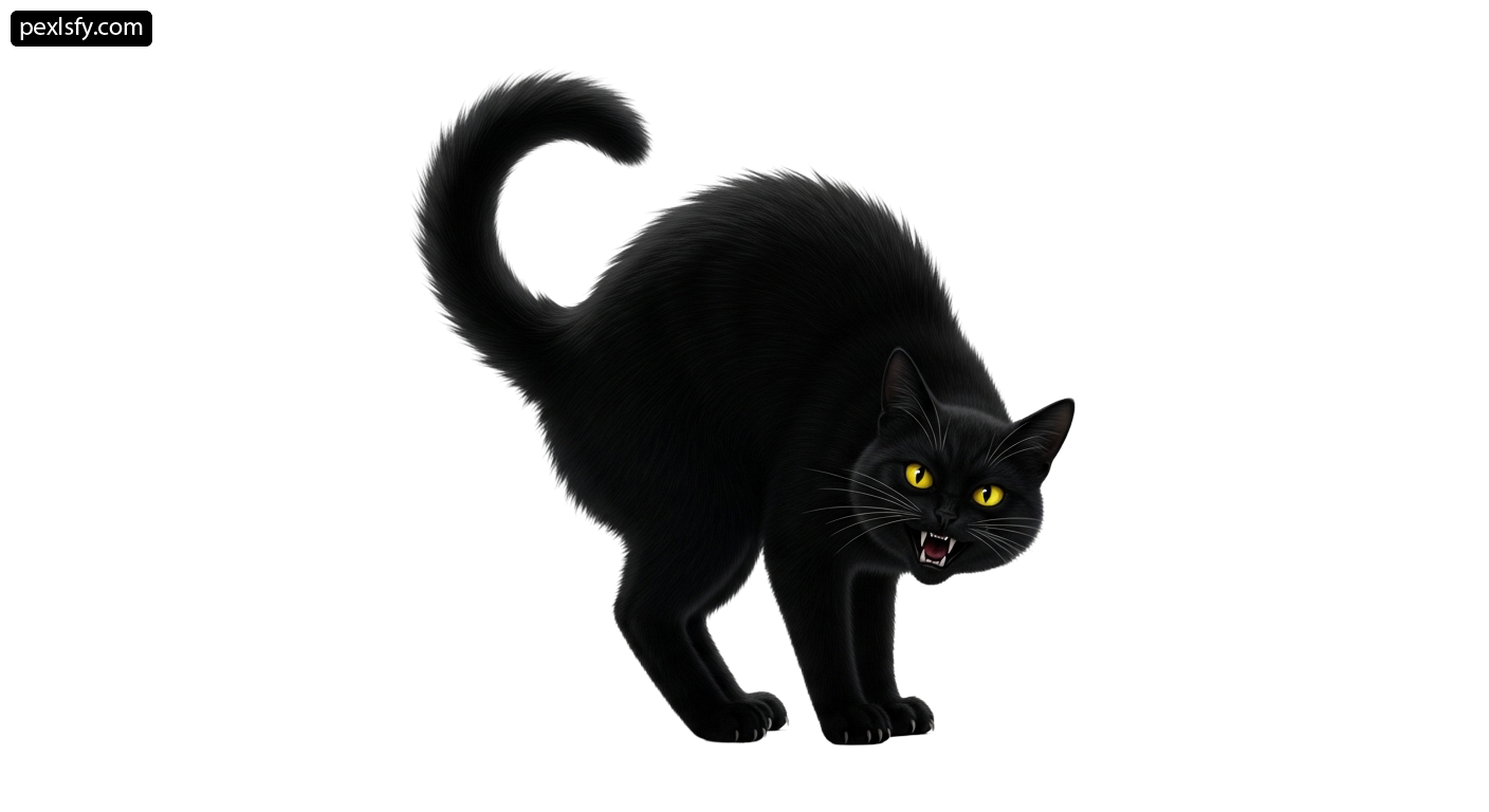 Black cat with yellow eyes walking on a white background png transparent background