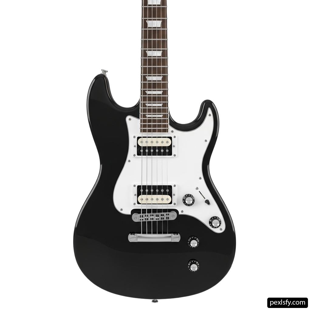 Black electric guitar with a white background png transparent background