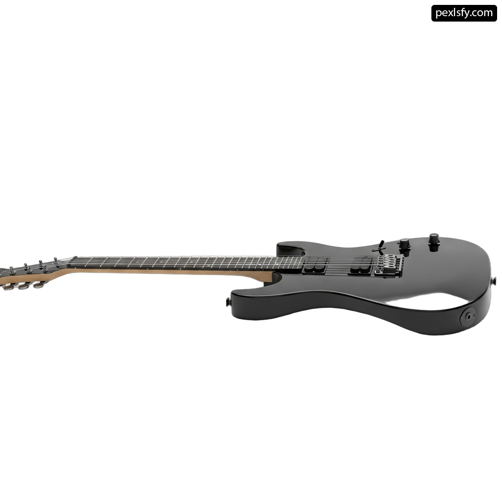 Black electric guitar with a white background png transparent background