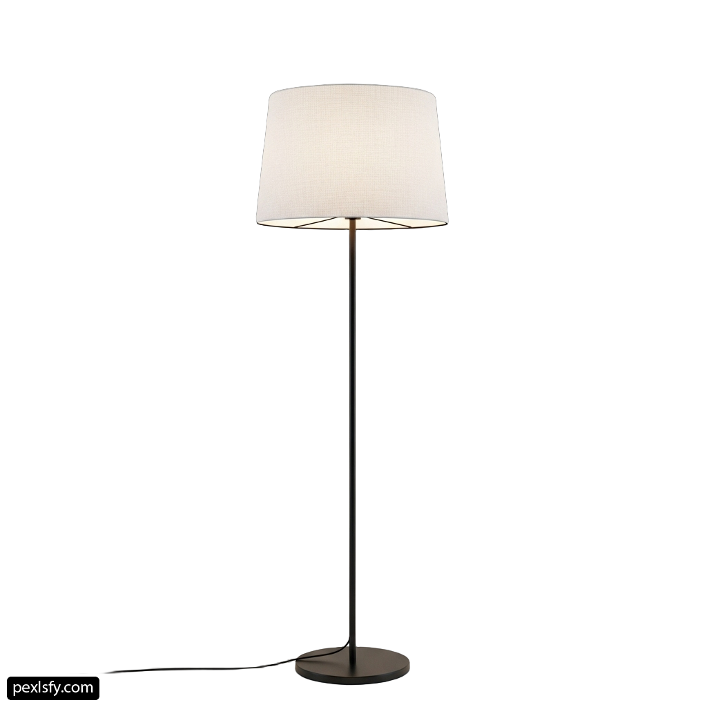 Black floor lamp with a white shade on it png transparent background