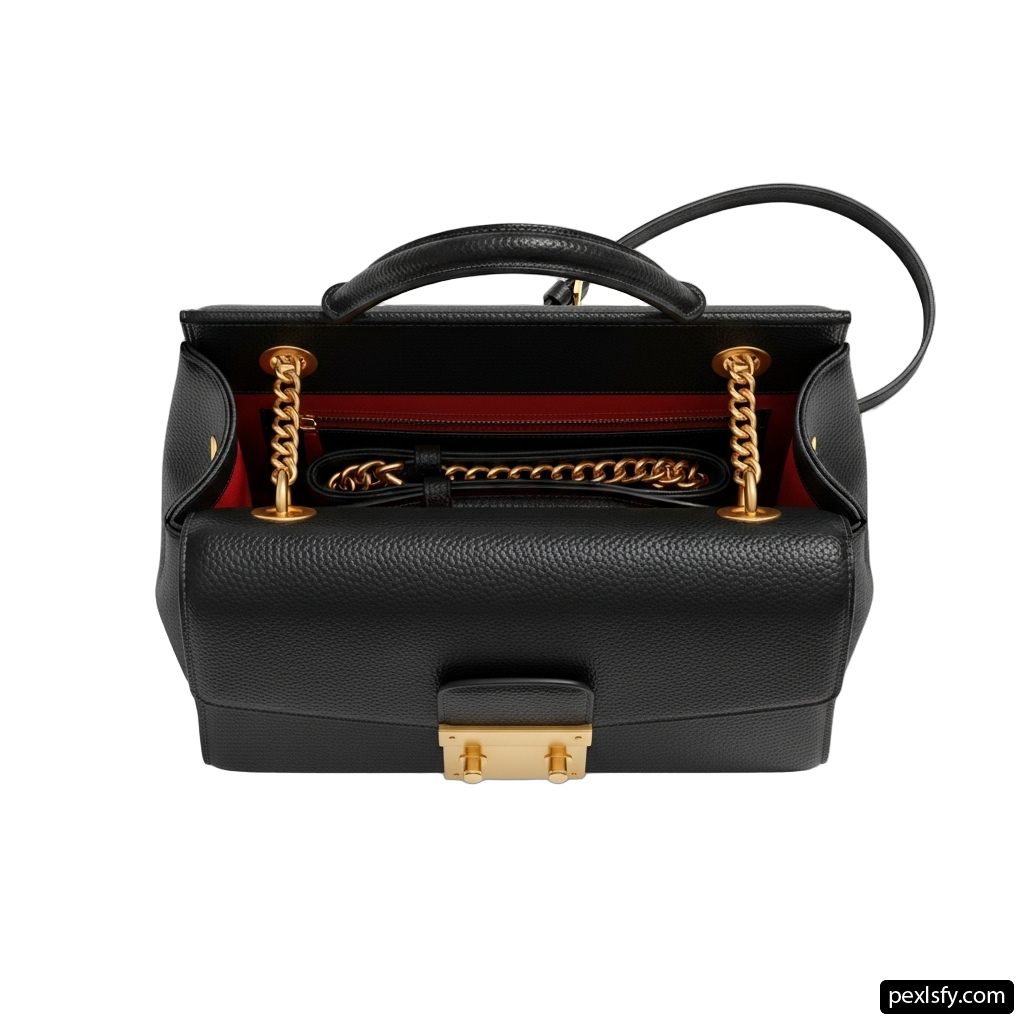 Black handbag with a gold handle on a white background png transparent background