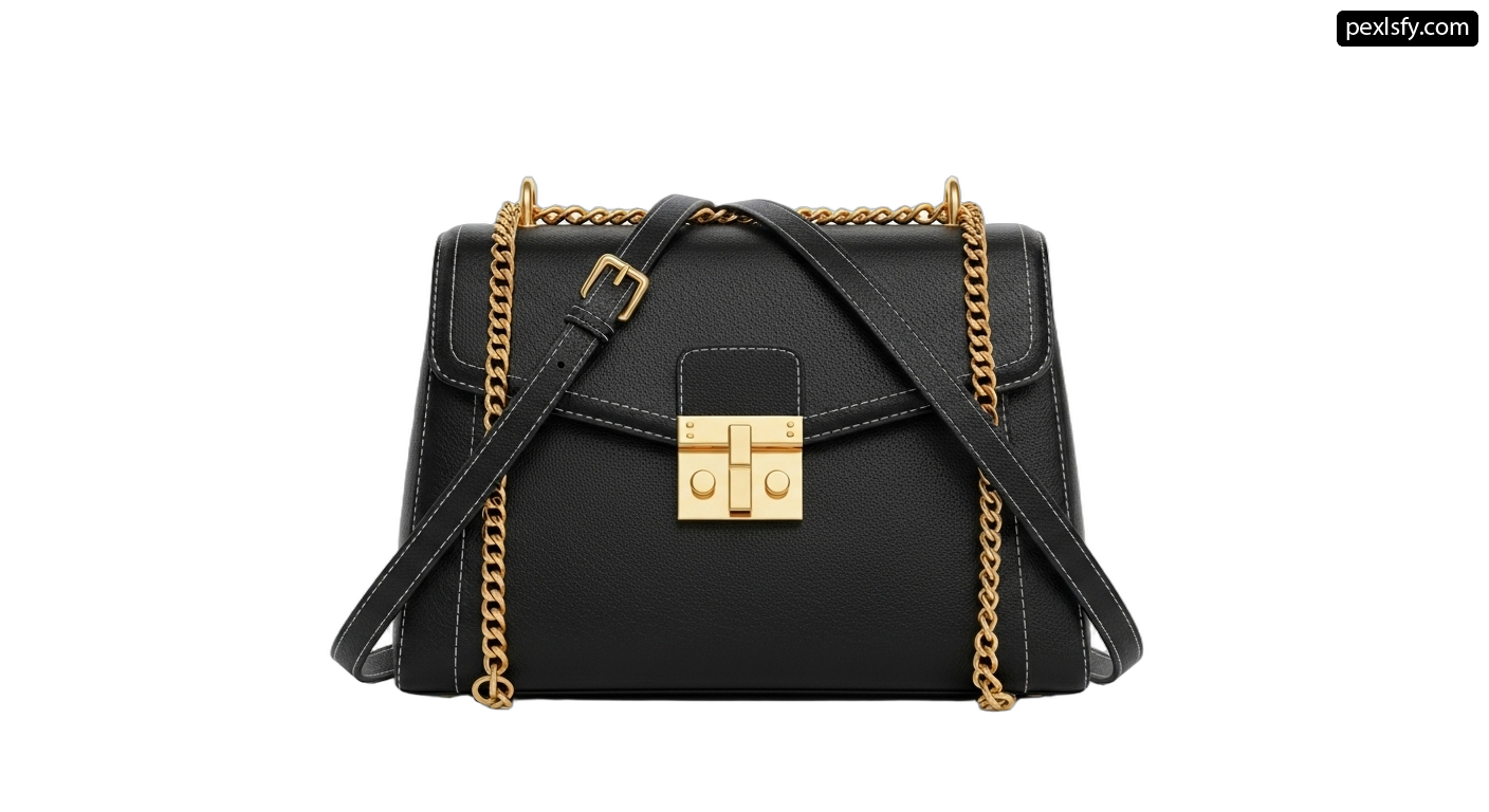 Black handbag with a gold lock on it png transparent background