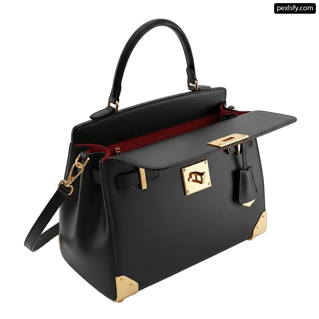 Black handbag with a red handle on a white background png transparent background