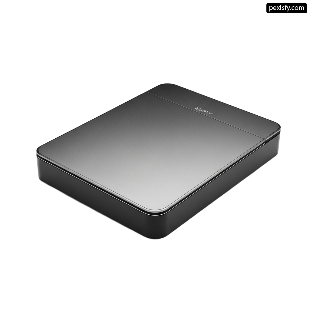 Black hard drive sitting on top of a white surface png transparent background