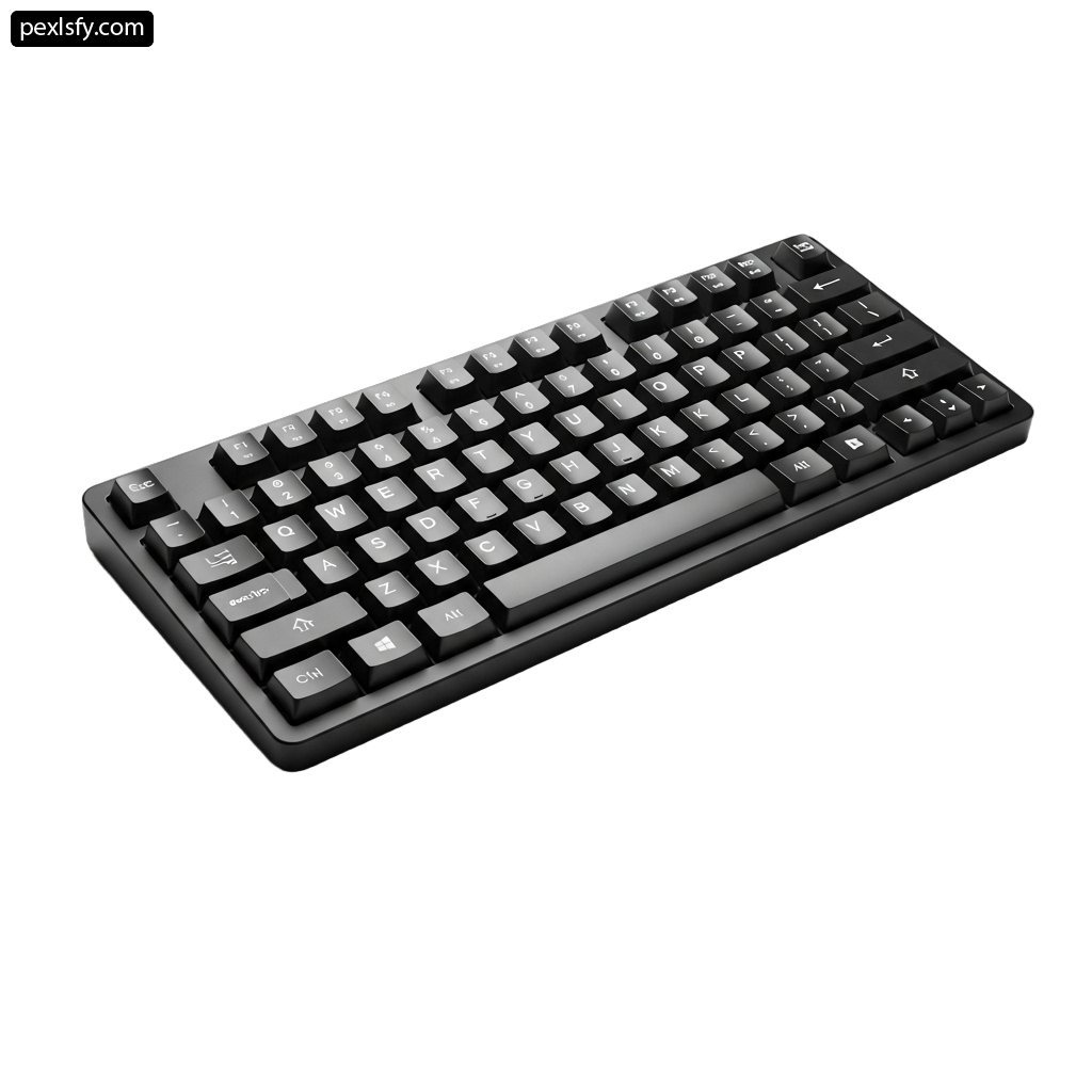 Black keyboard sitting on top of a white surface png transparent background