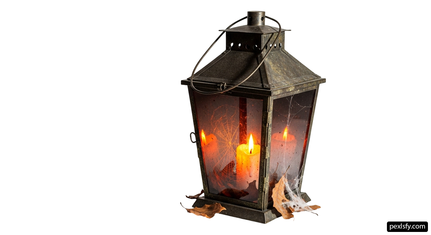 Black lantern with a lit candle inside of it png transparent background