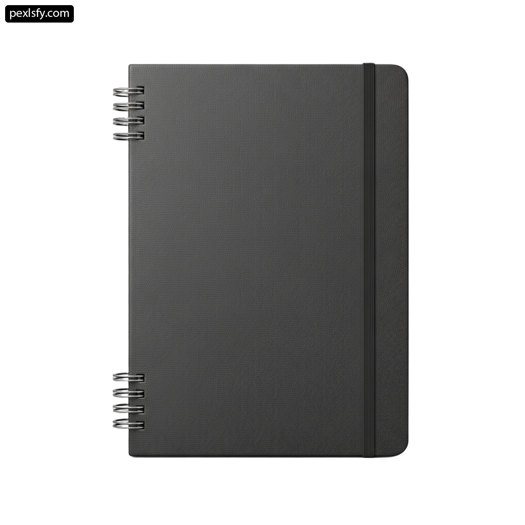 Black notebook with a spiral bound cover png transparent background