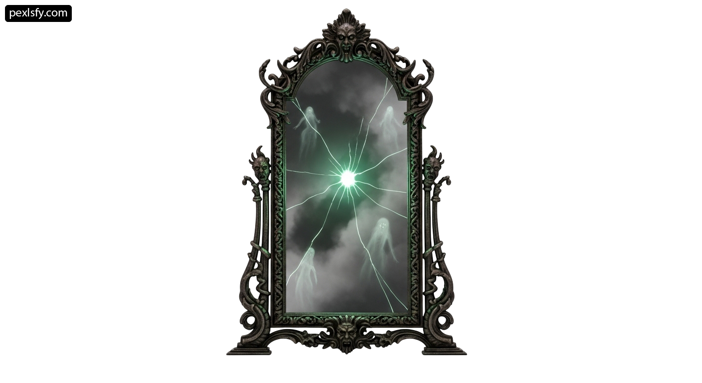 Black ornate mirror with a picture of a ghost on it png transparent background
