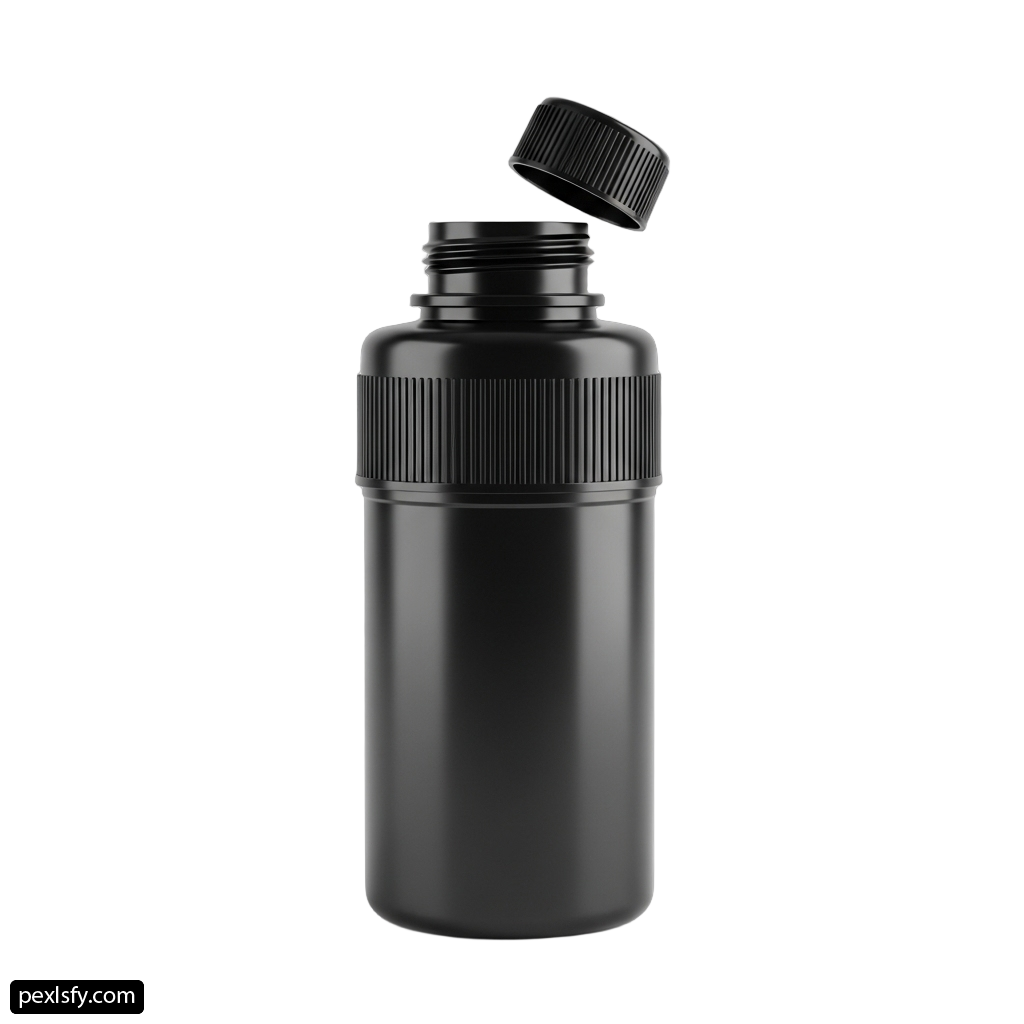 Black plastic water bottle with a black cap png transparent background