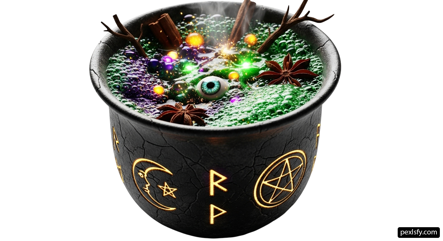 Black pot filled with lots of different types of items png transparent background