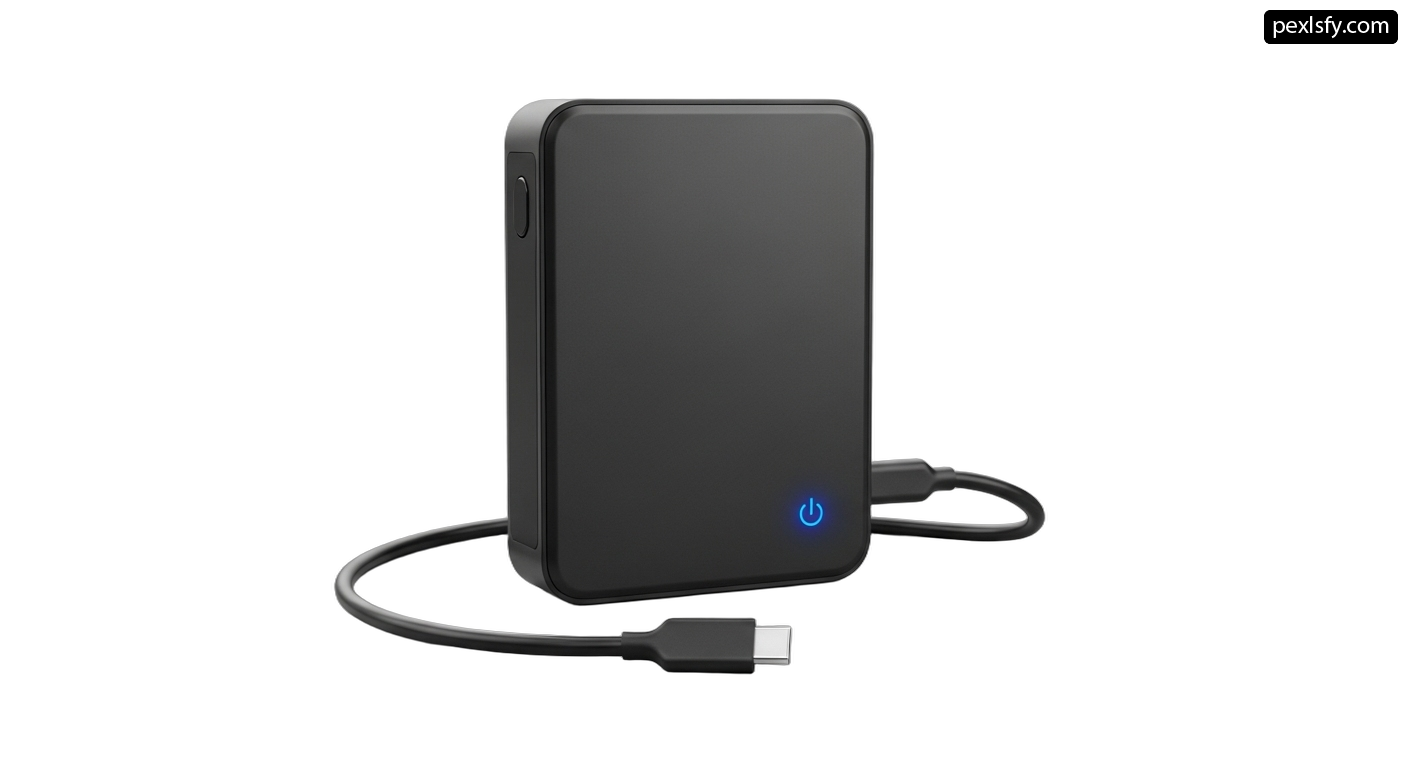 Black power bank with a blue light on it png transparent background