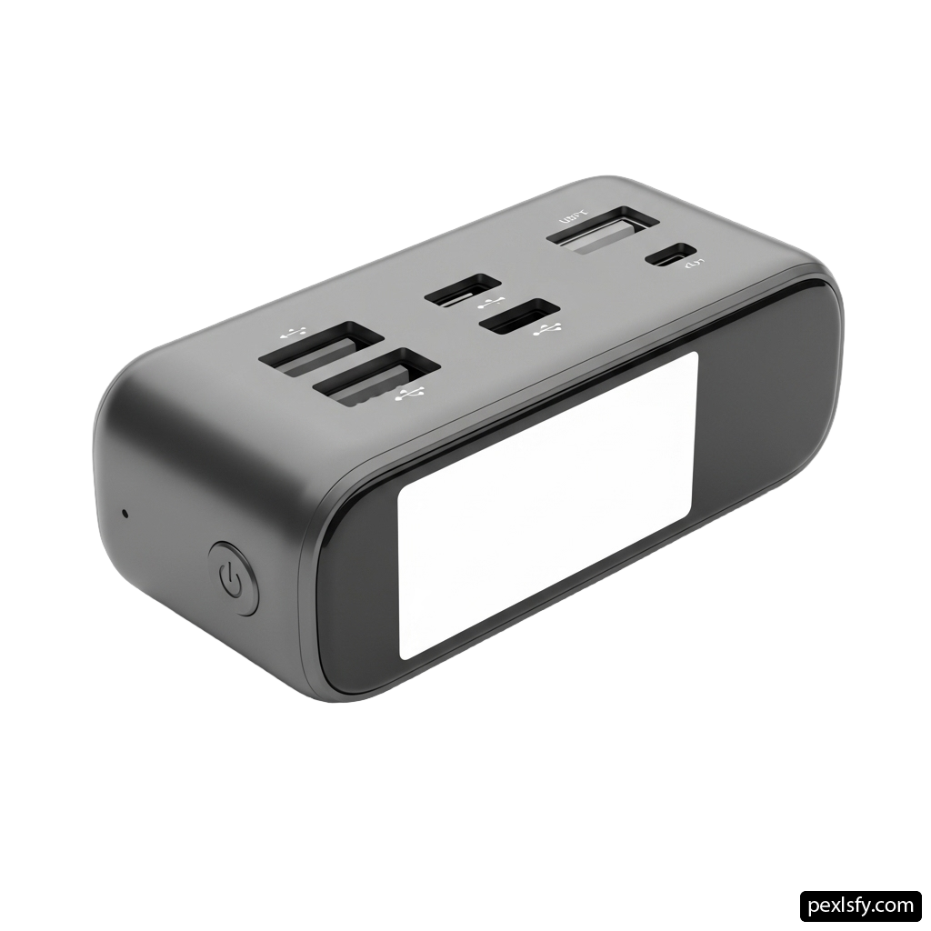 Black power bank with four usb ports on it png transparent background