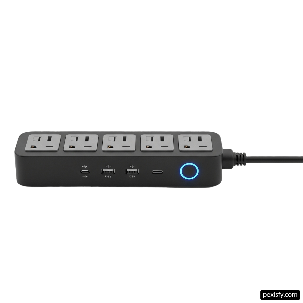 Black power strip with a blue light on it png transparent background