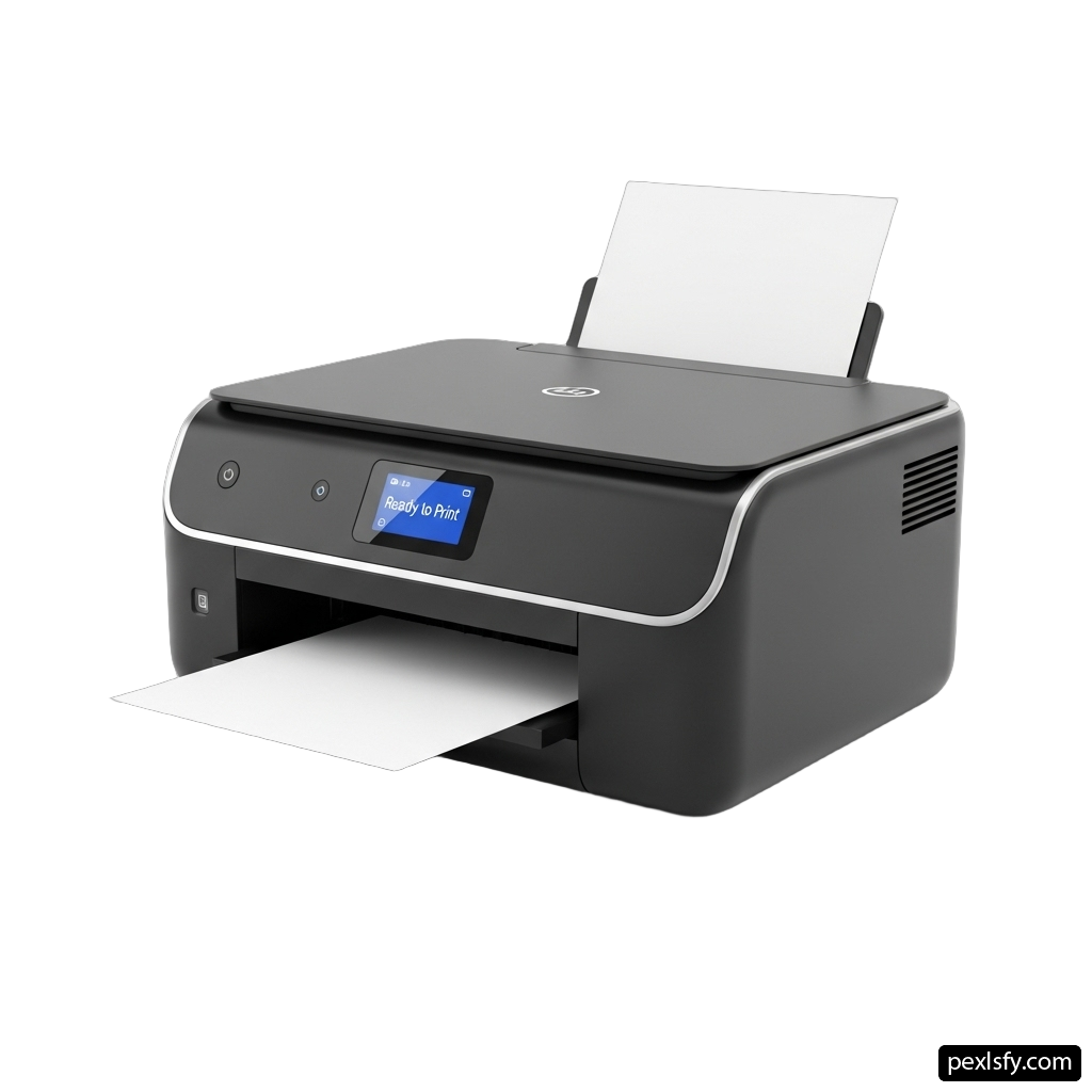 Black printer sitting on top of a white surface png transparent background