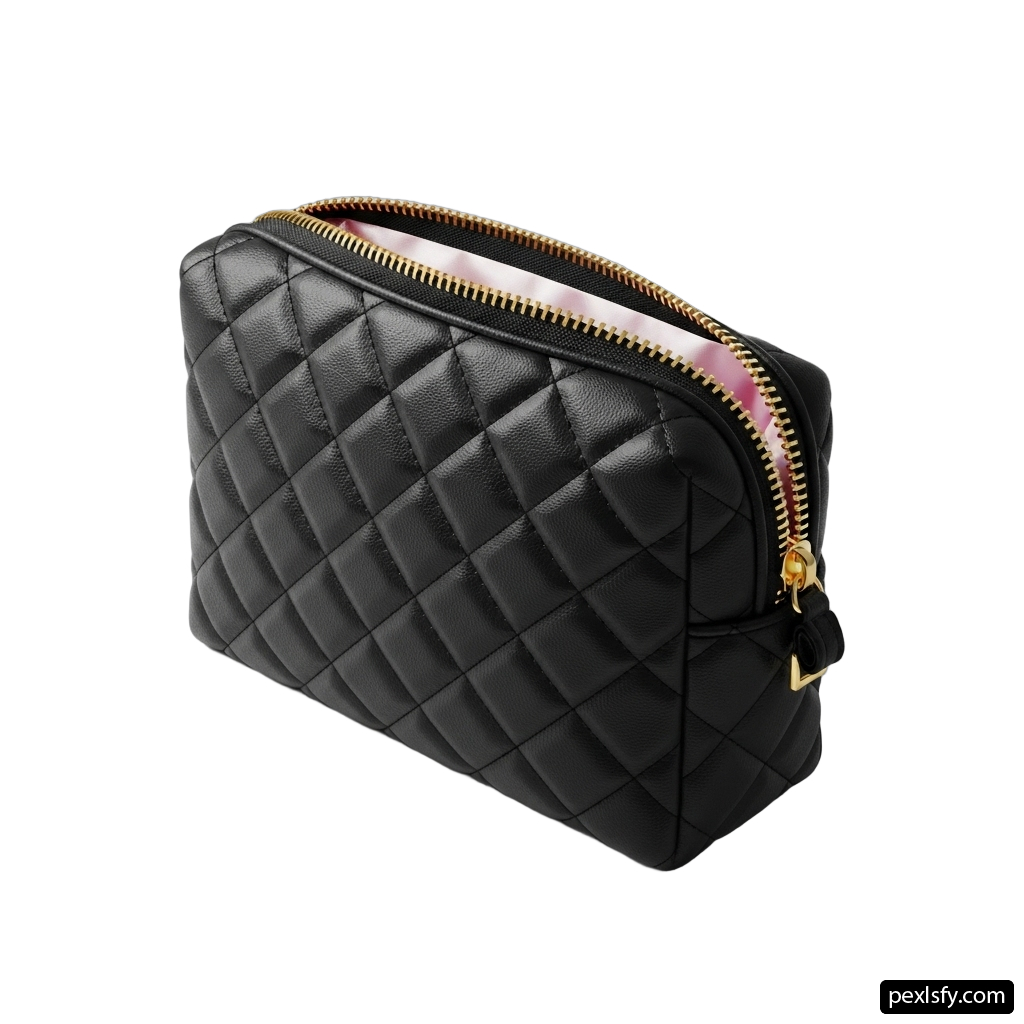 Black quilted cosmetic bag with a zipper on the front png transparent background